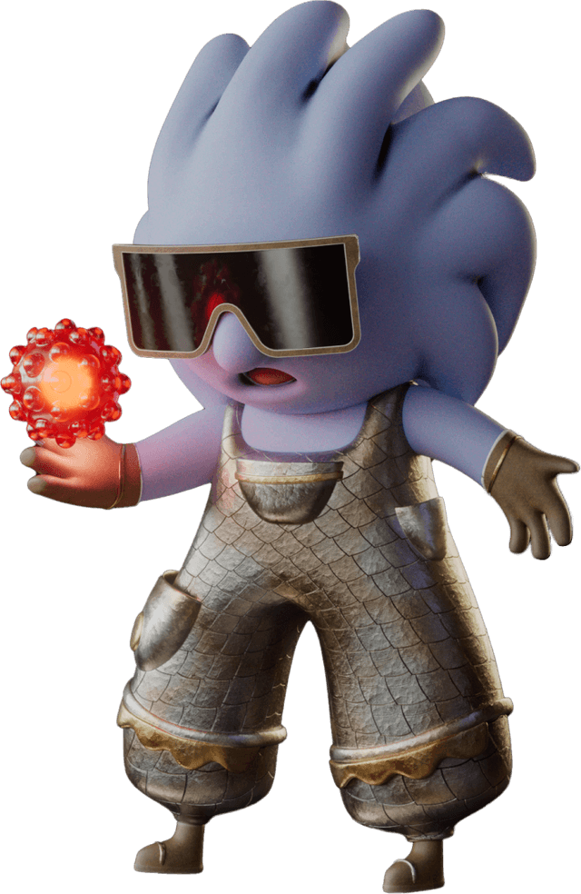 Lorean curator character holding a fireball with glasses